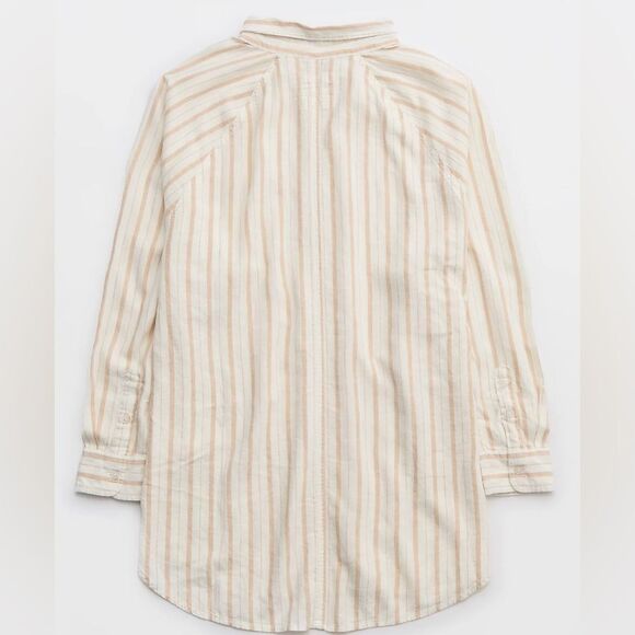 aerie XS Ivory Tan Vertical Stripe Pool-to-Party Linen Blend Cover up Shirt - Picture 11 of 17